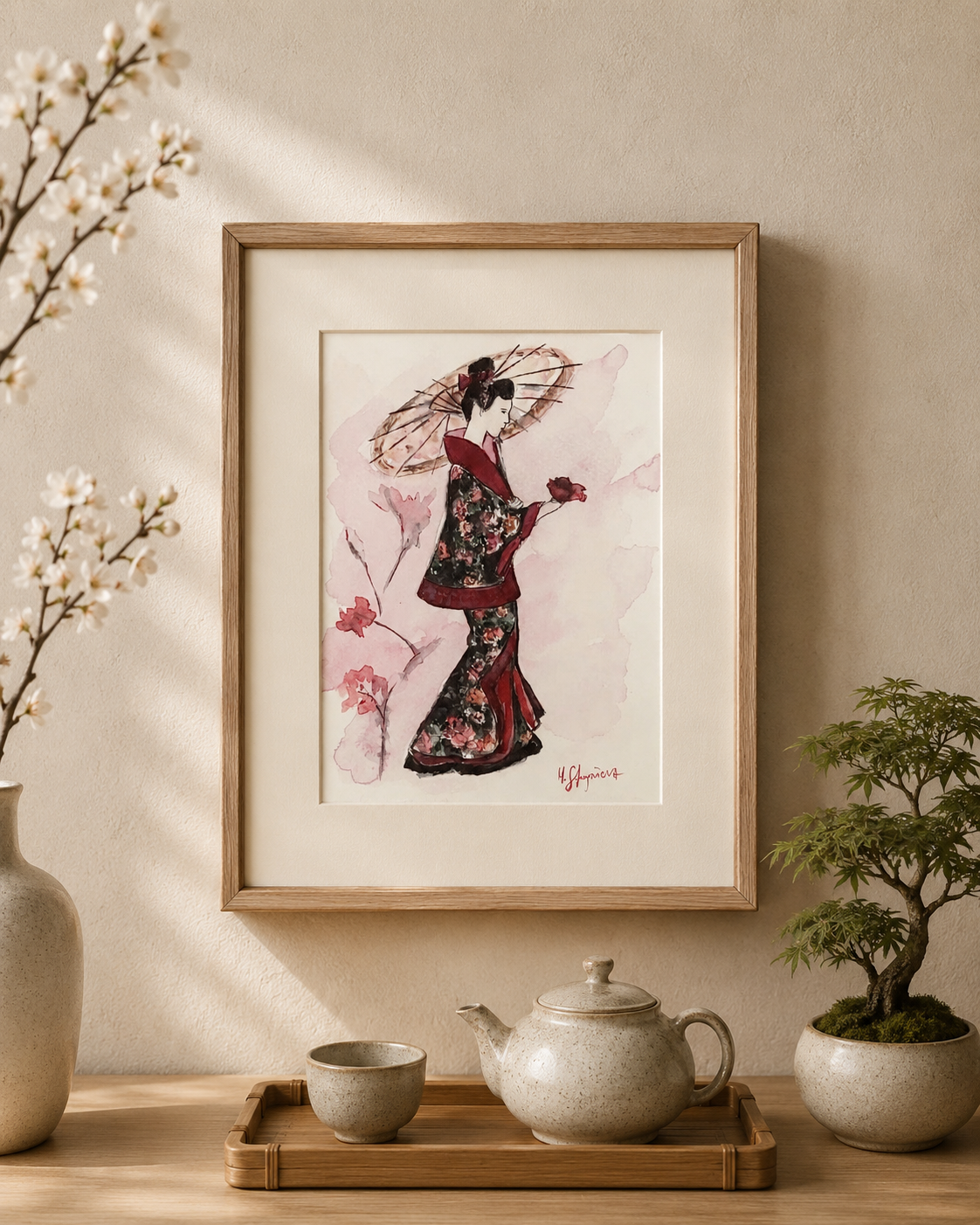 Geisha with a Flower displayed in a light Japanese-inspired interior